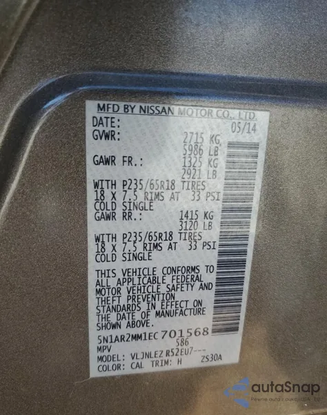 2014 Nissan Pathfinder S z USA, uszkodzony, nr VIN 5N1AR2MM1EC701568